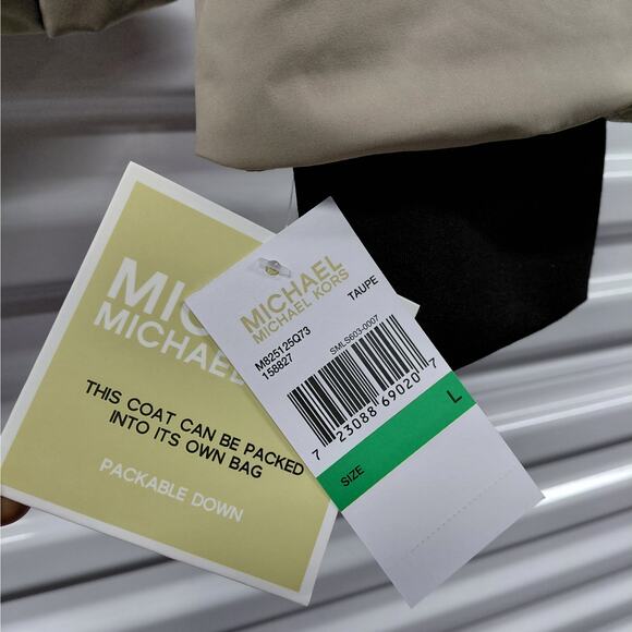 Michael Michael Kors Womens Down Puffer Jacket Coat Large Taupe Hooded Packable - Picture 8 of 13